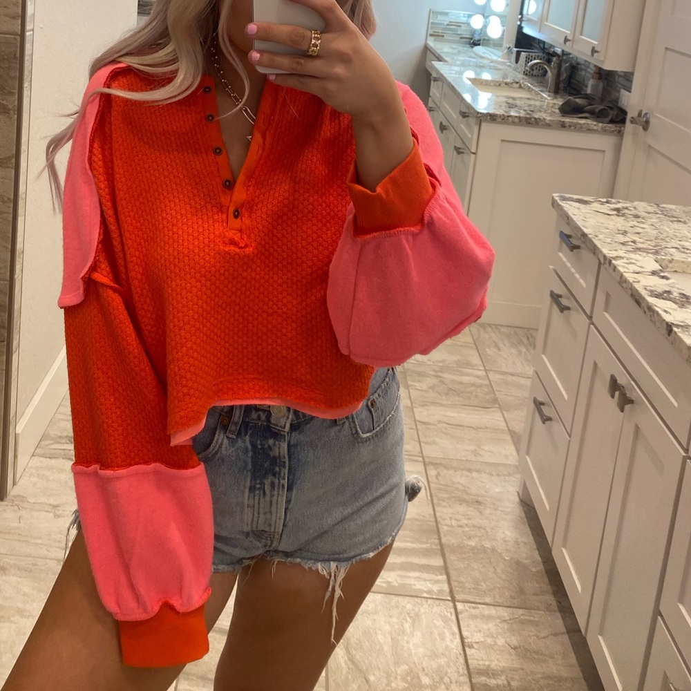 urban outfitters out from under mel pieced and seamed sweatshirt orange and pink